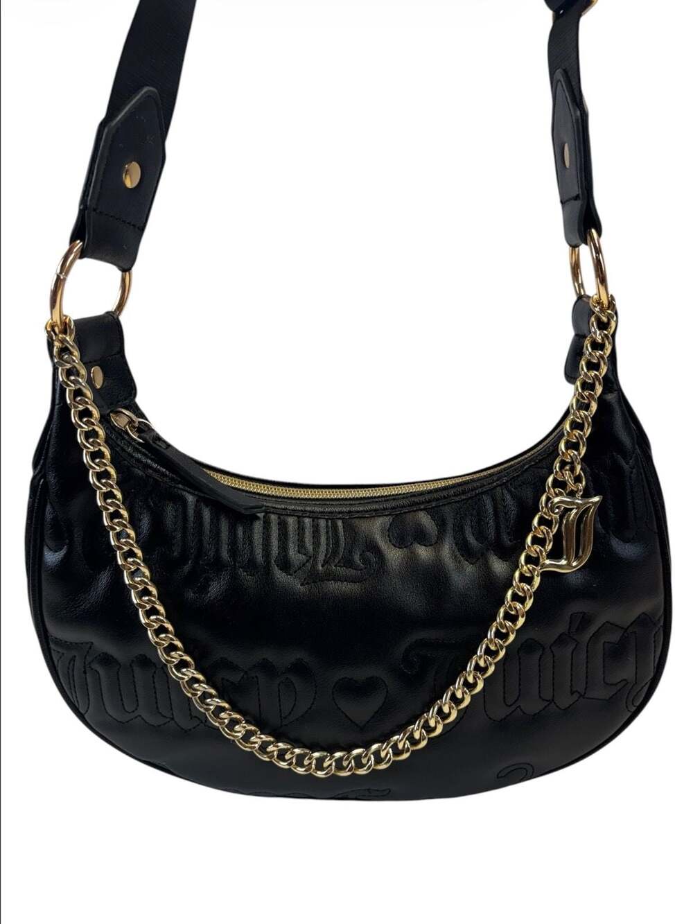 Juicy Couture Black Embossed Logo Crescent Shoulder Bag with Chain Detail